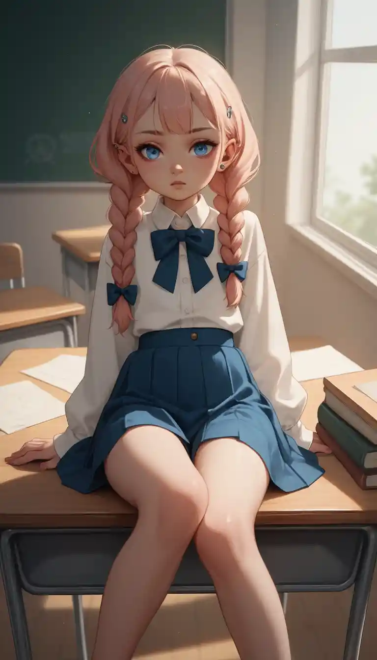 Young girl with braids sitting on a school desk