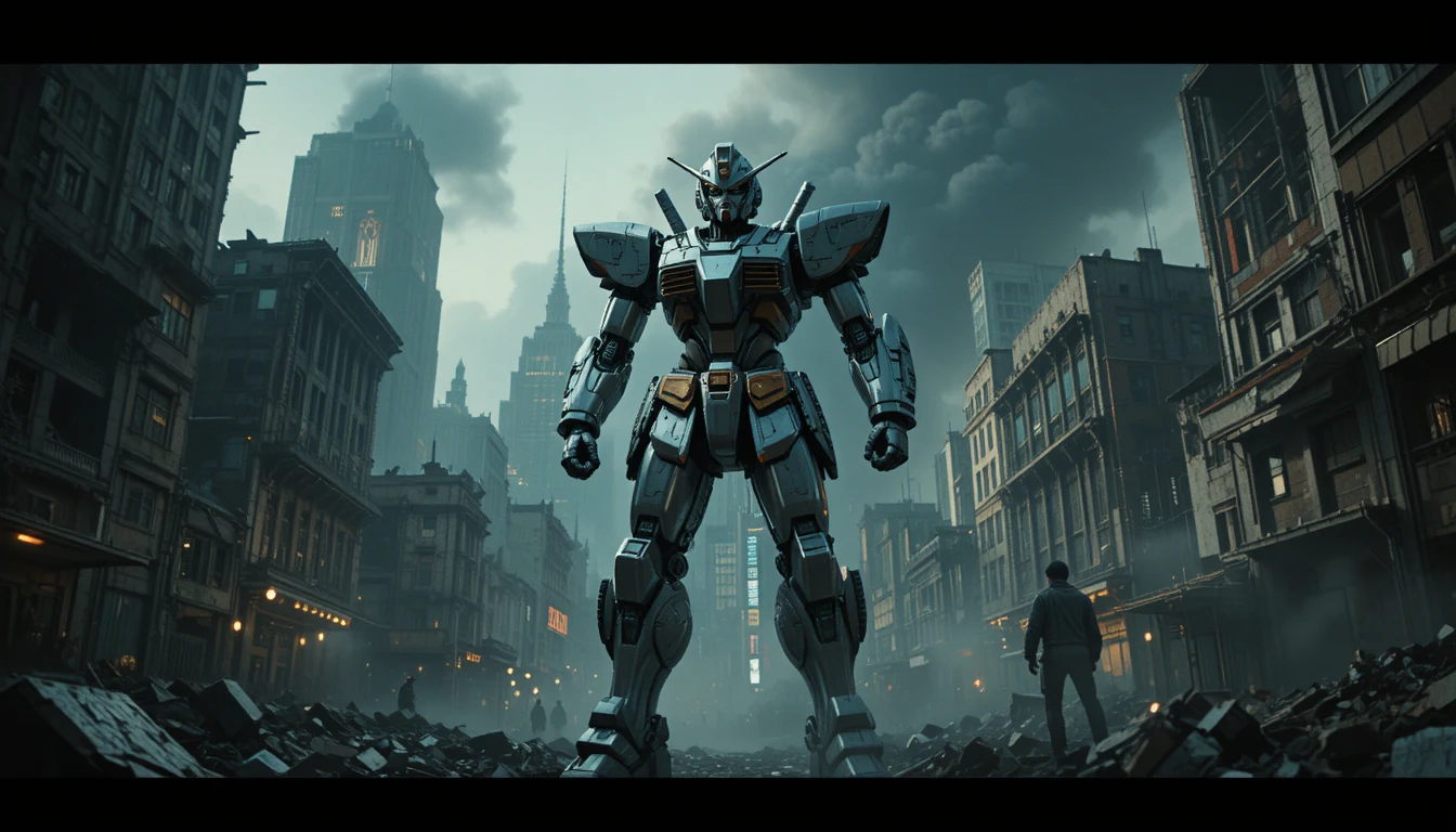 Gigantesco mecha in piedi tra le rovine di una città futuristica in guerra