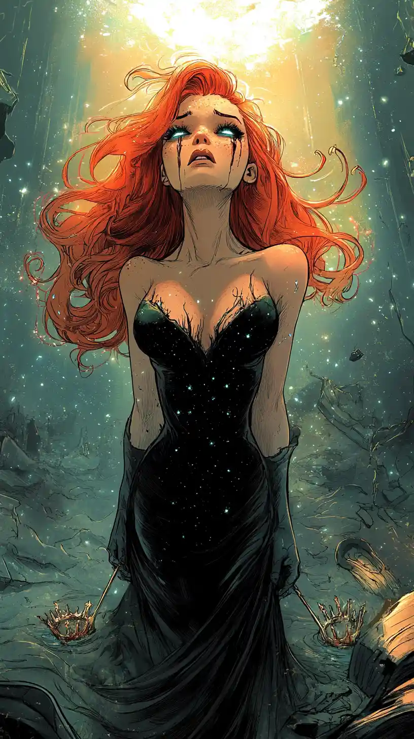 Weary heroine in a torn gown in post apocalyptic ruins