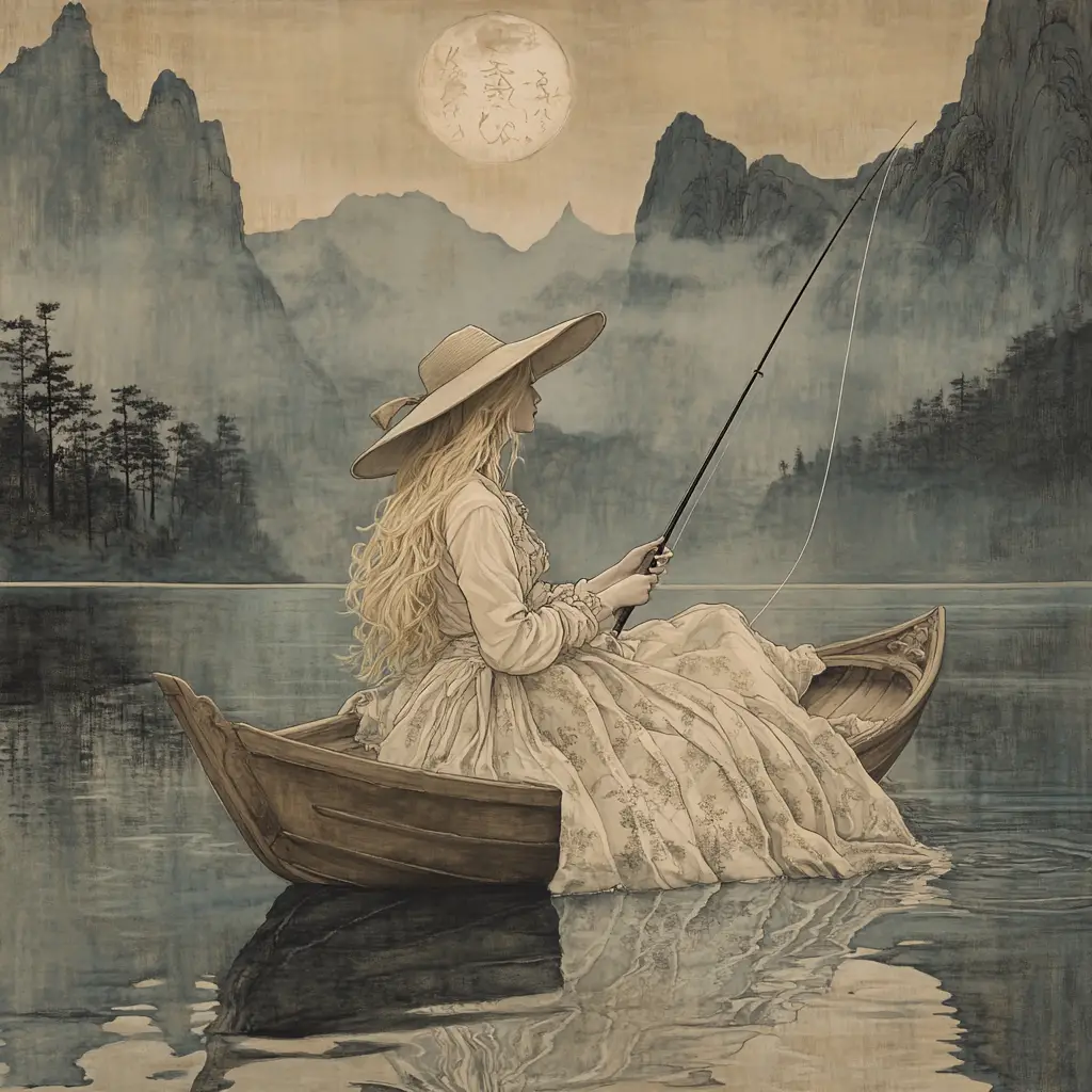 Serene blonde fisherwoman resting in a boat at dawn
