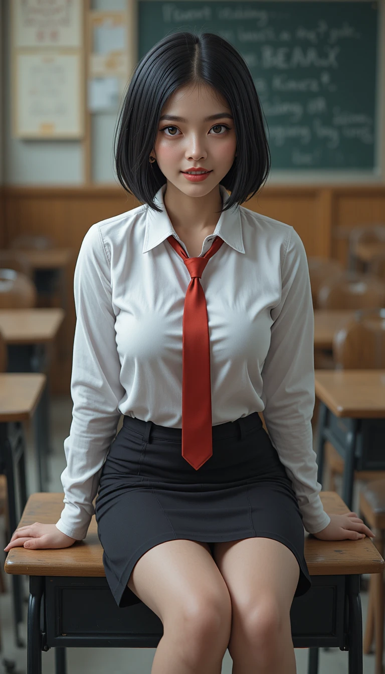 Smiling girl in school uniform sitting on classroom desk