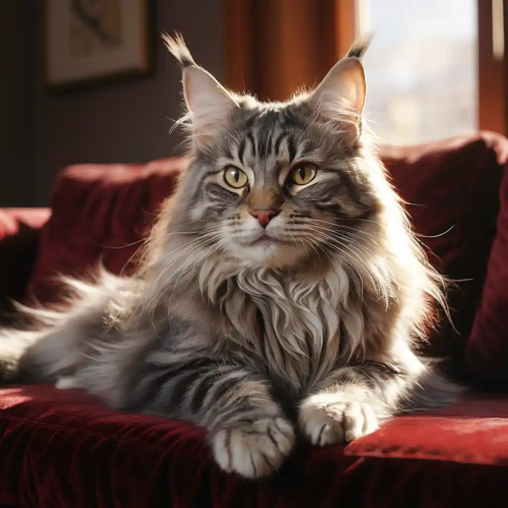 Loving maine coon cat on a sunlit red sofa