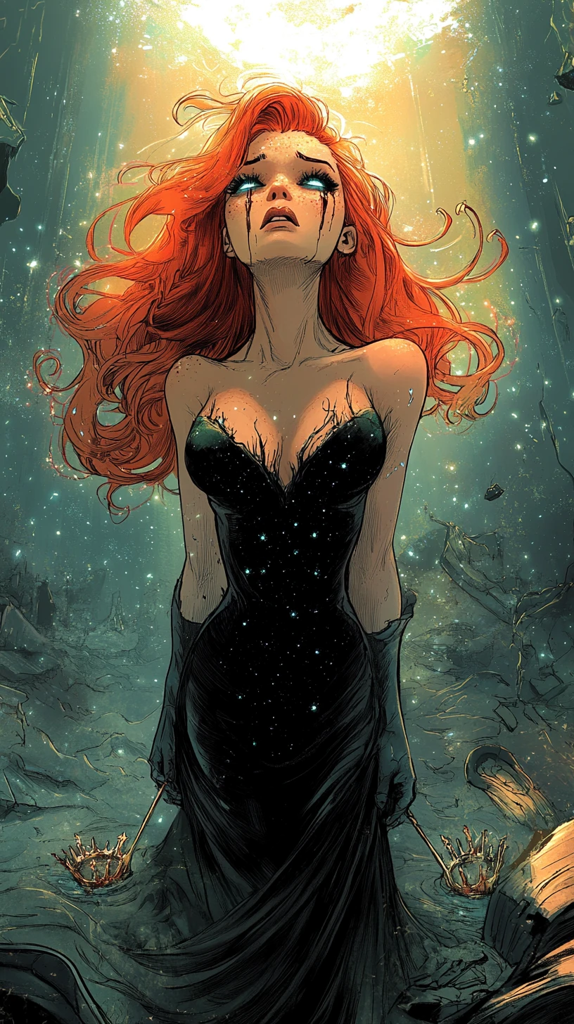 Weary heroine in a torn gown in post apocalyptic ruins