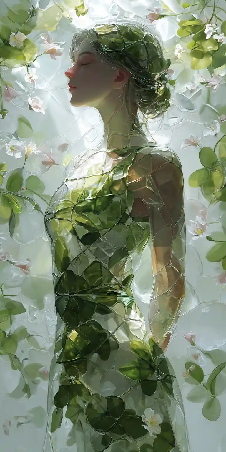 Glass woman glowing gently in a peaceful garden