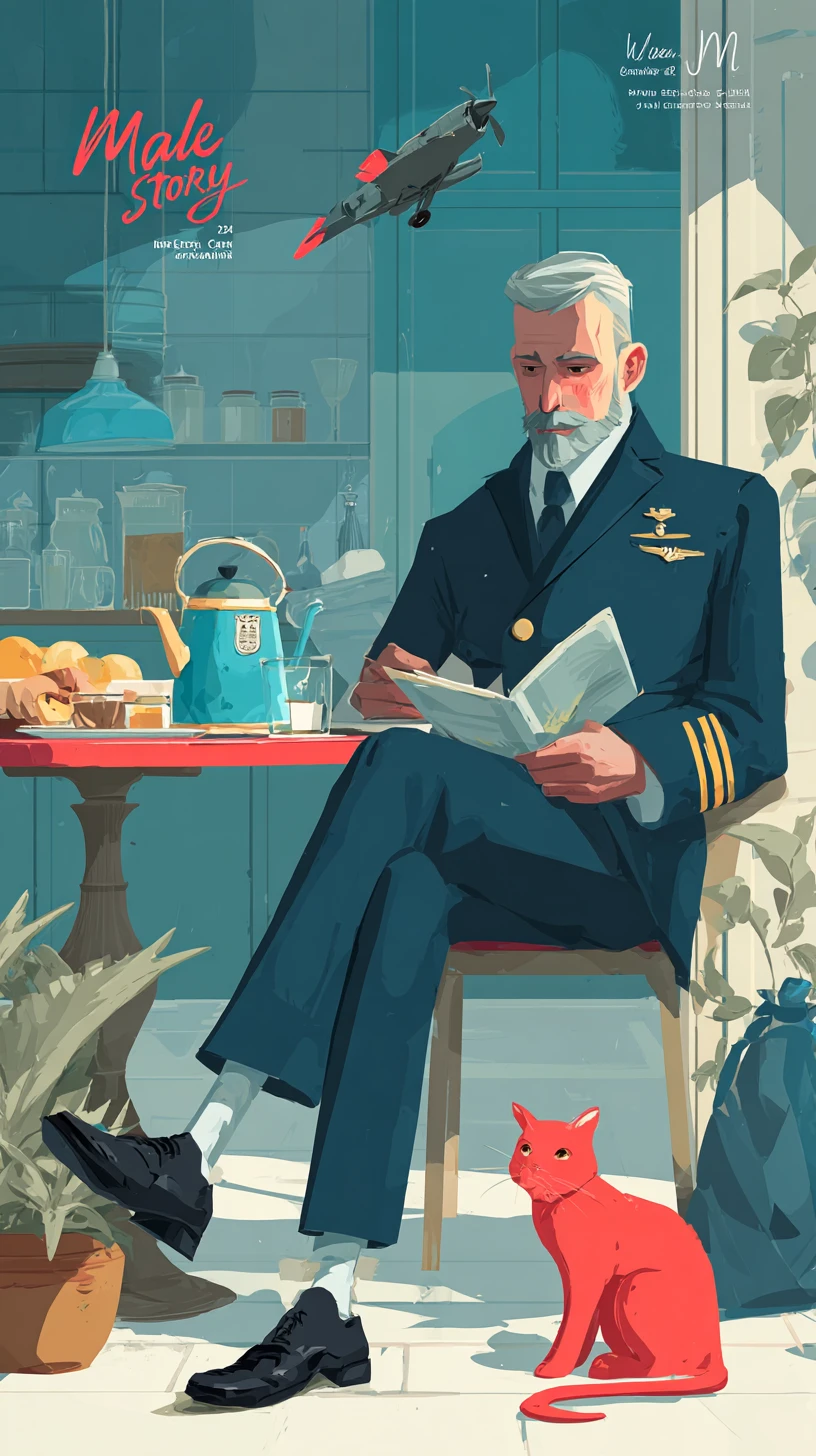 Airline pilot having breakfast with playful kitten