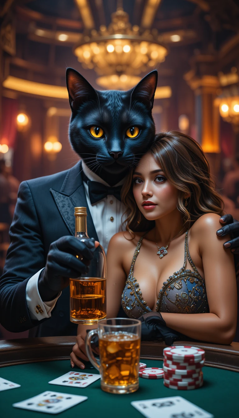 Anthropomorphic gentleman black cat with liquor in casino