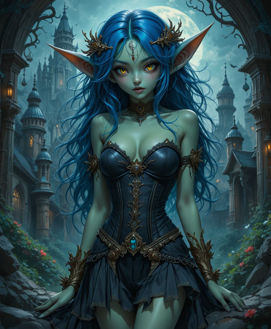 Goblin-Anime-Mädchen im Gothic-Korsett vor dunkler Fantasy-Burg