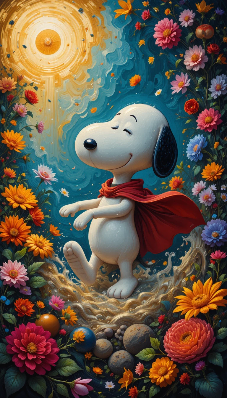 Cane cartoon con mantello in un vortice di fiori in olio su tela
