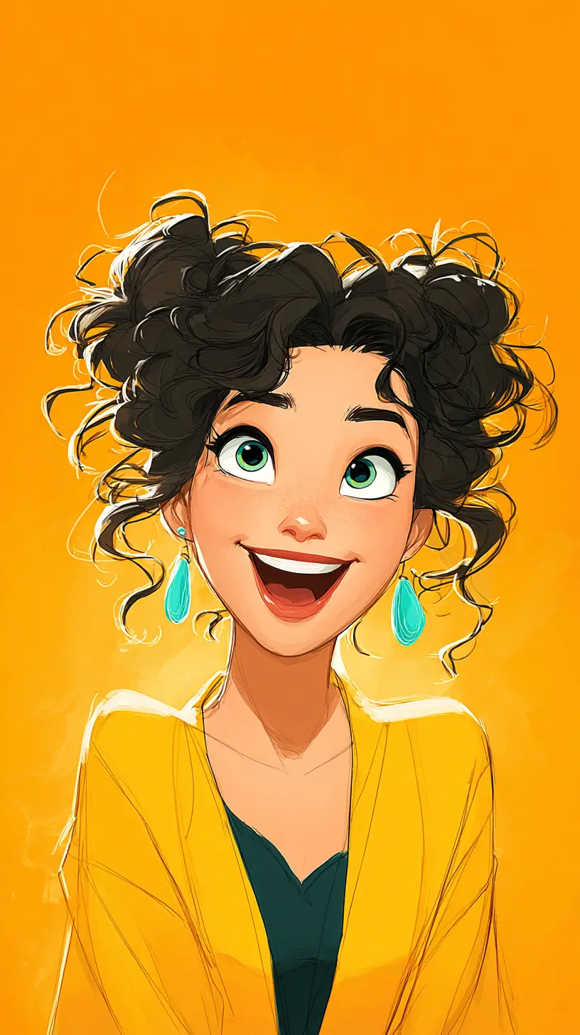 Cheerful cartoon girl with bright green eyes smiling