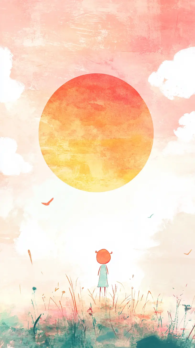 Child Watches The Rising Sun In Soft Pastel Illustration