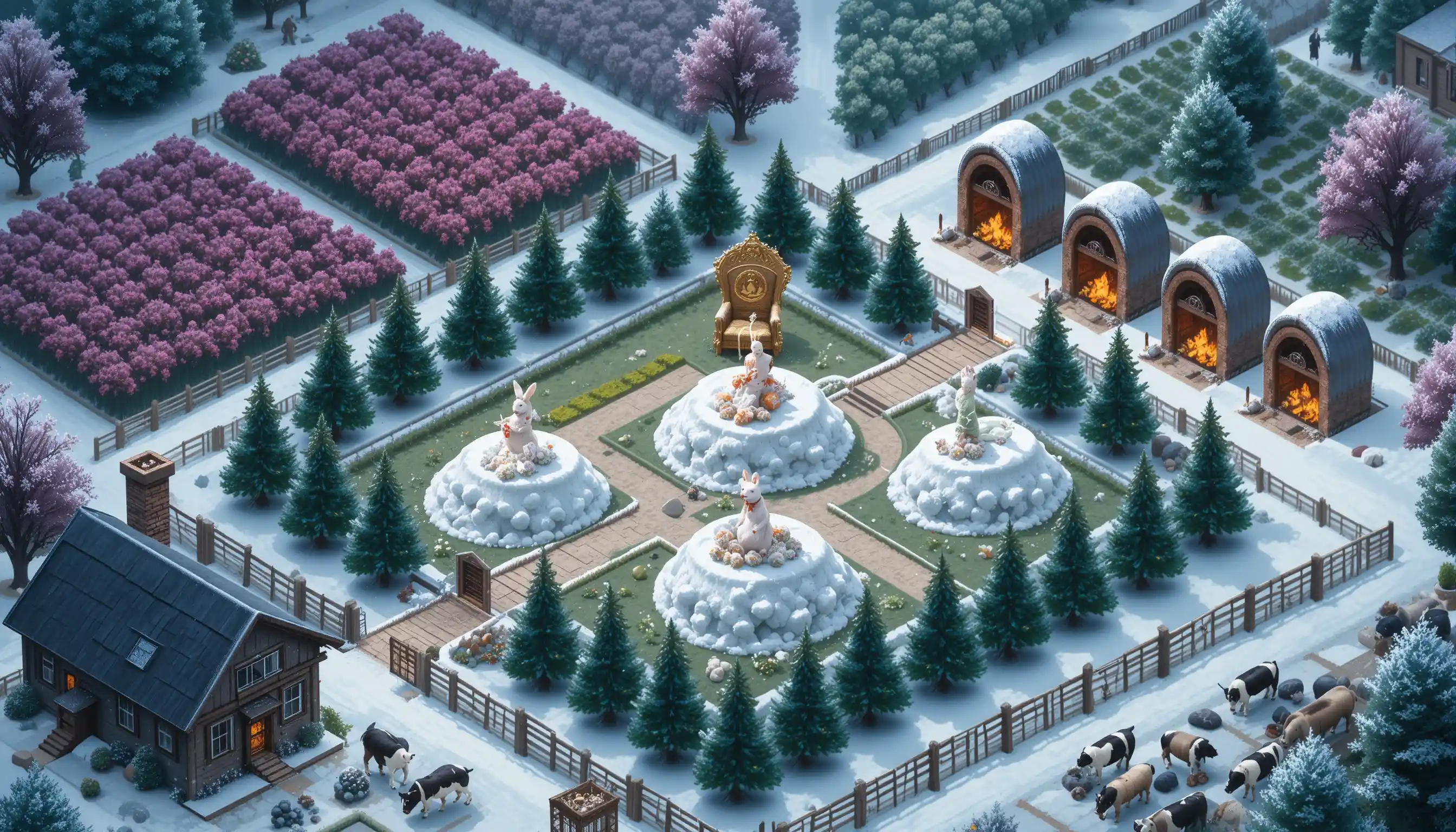 Isometric winter farm garden with evergreens and snow sculptures