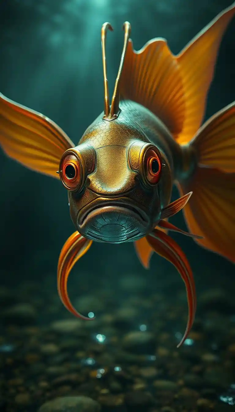 Poisson rouge biomécanique surréaliste aux yeux hypnotiques et lumineux