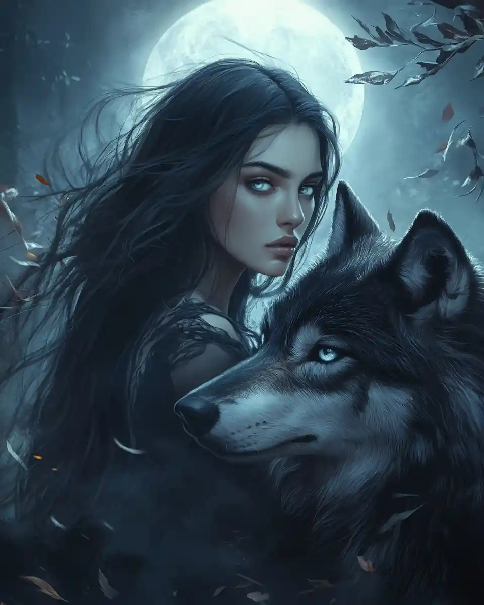 Ethereal woman with dire wolf under a ghostly moon