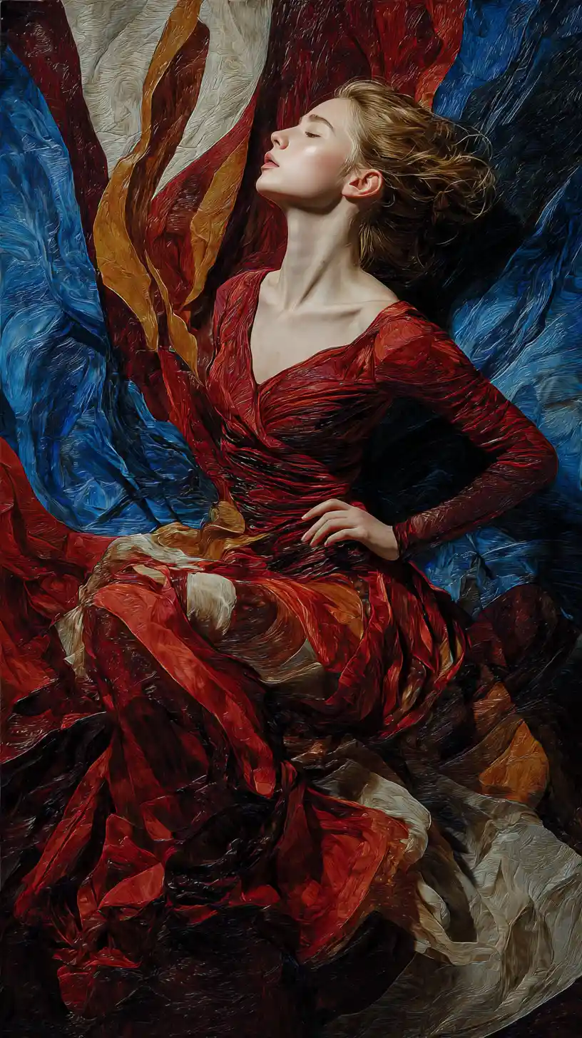 Passionate woman with flowing colorful waves in motion