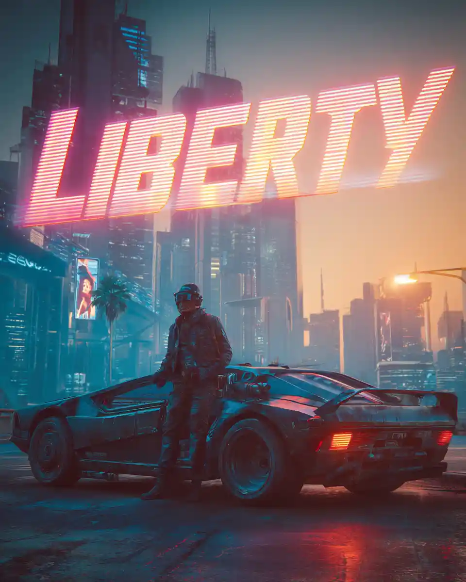 Futuristic sports car racing through neon city at dusk