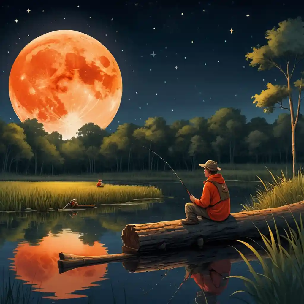 Gato y ratón de dibujos animados pescando junto a un estanque a la luz de la luna