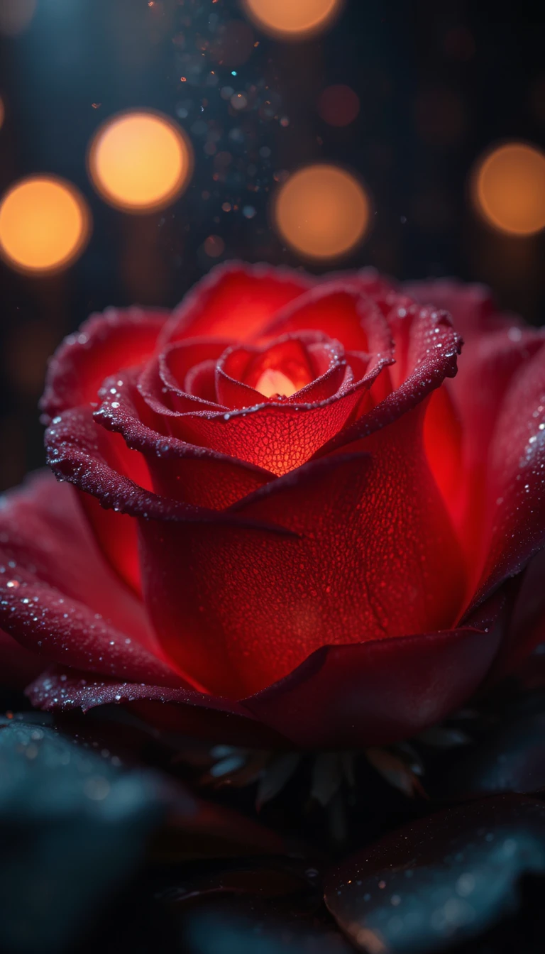 Close up glowing red rose with sparkling dew drops