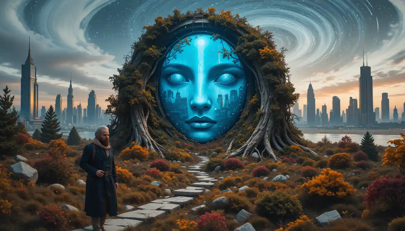 Donna sopravvissuta solitaria che cammina tra le rovine di una città futuristica