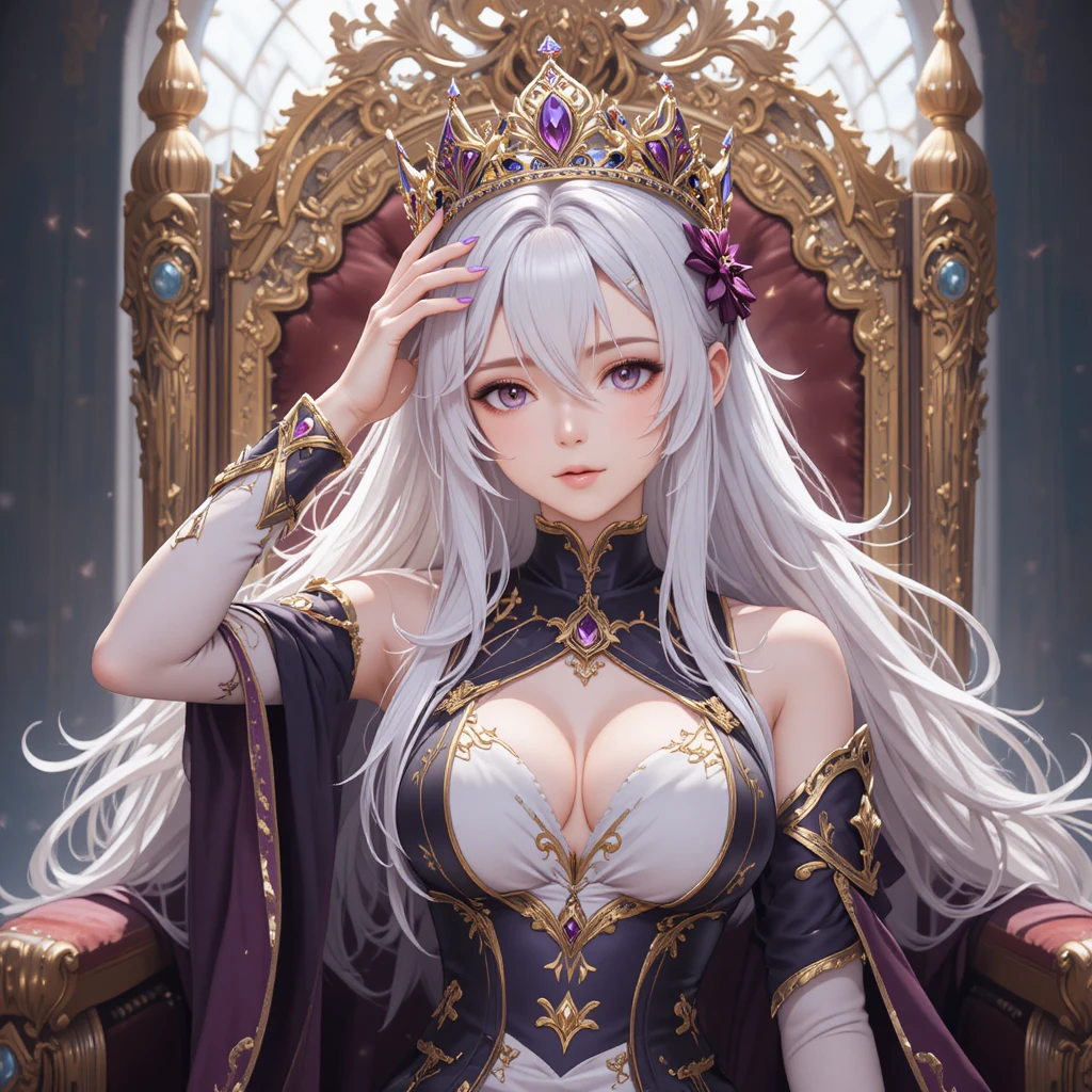 White haired anime girl on a royal throne holding a crown