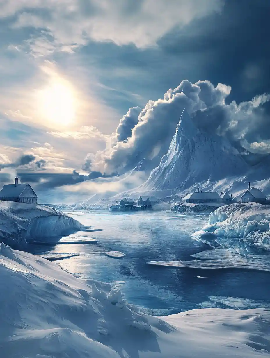 Fantasy snow village in Antarctica under a soft blue sky