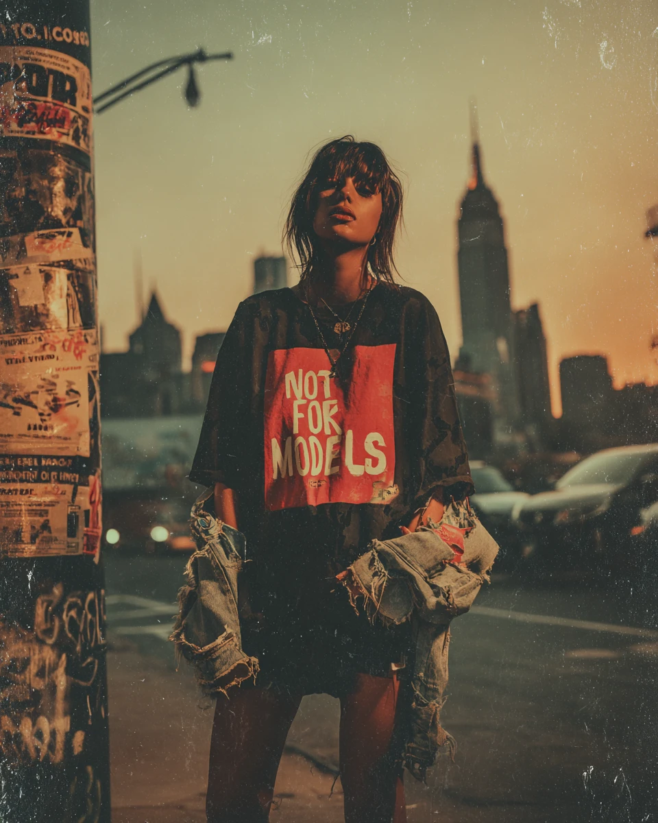 Young woman on gritty city street at warm dusk