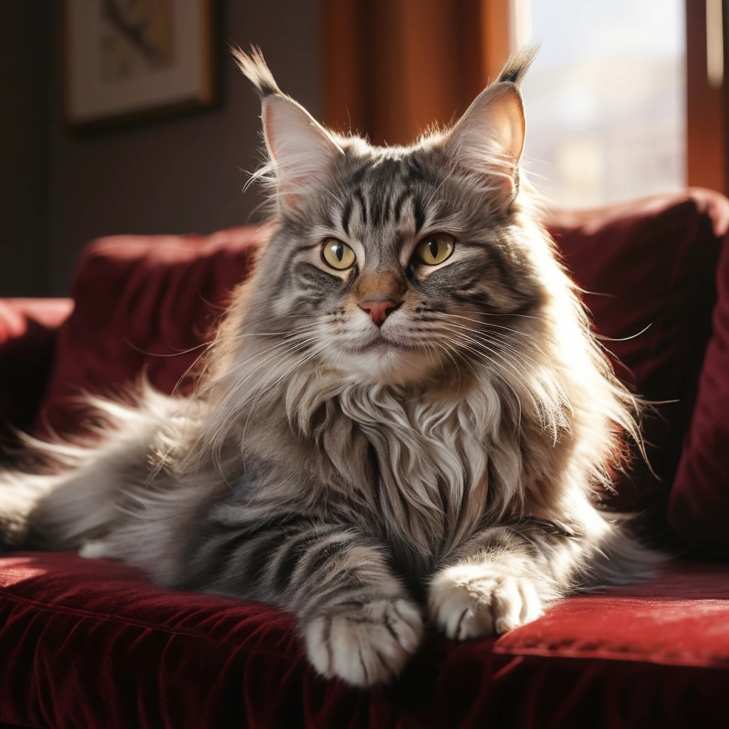 Gato Maine Coon cariñoso en un sofá rojo bañado por el sol