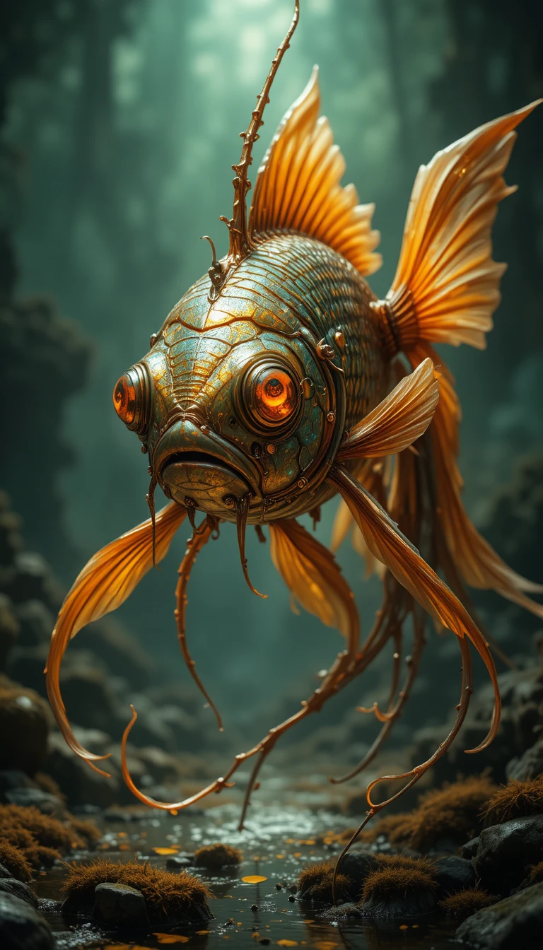 Pez dorado surrealista de fantasía oscura con ojos hipnóticos y brillantes