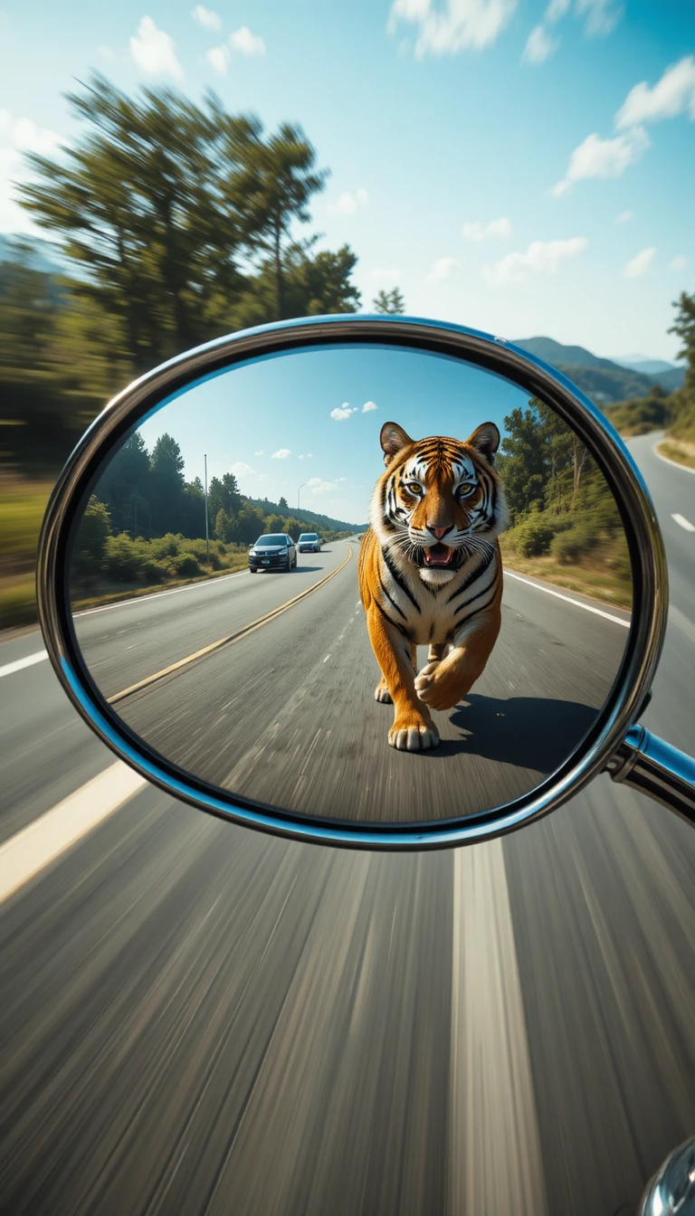 Tiger chasing a motorcycle reflected in side mirror