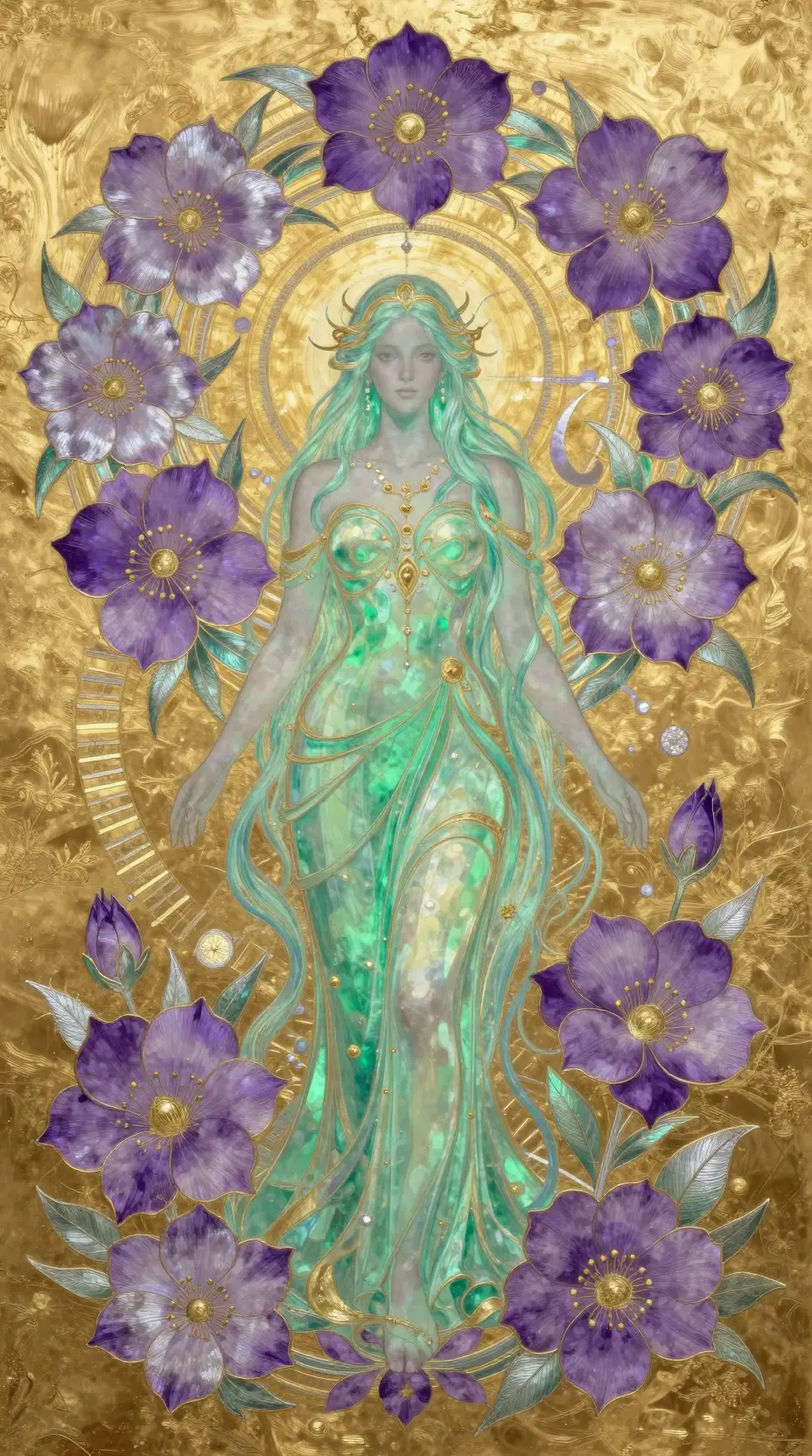 Fantasy woman surrounded by golden ratio floral harmony