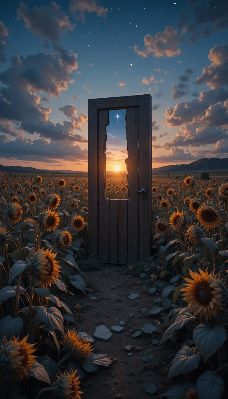 Weathered wooden door among fading sunflowers at sunset