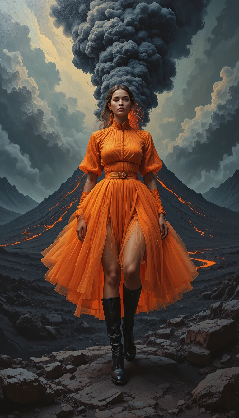 Surreales Gemälde eines ausbrechenden Vulkans und dramatischer Felslandschaft