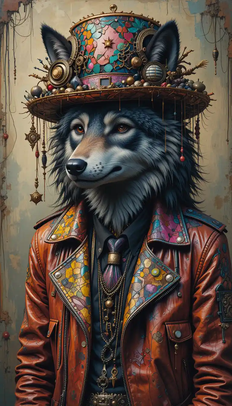 Rock and roll wolf in colorful leather jacket and hat