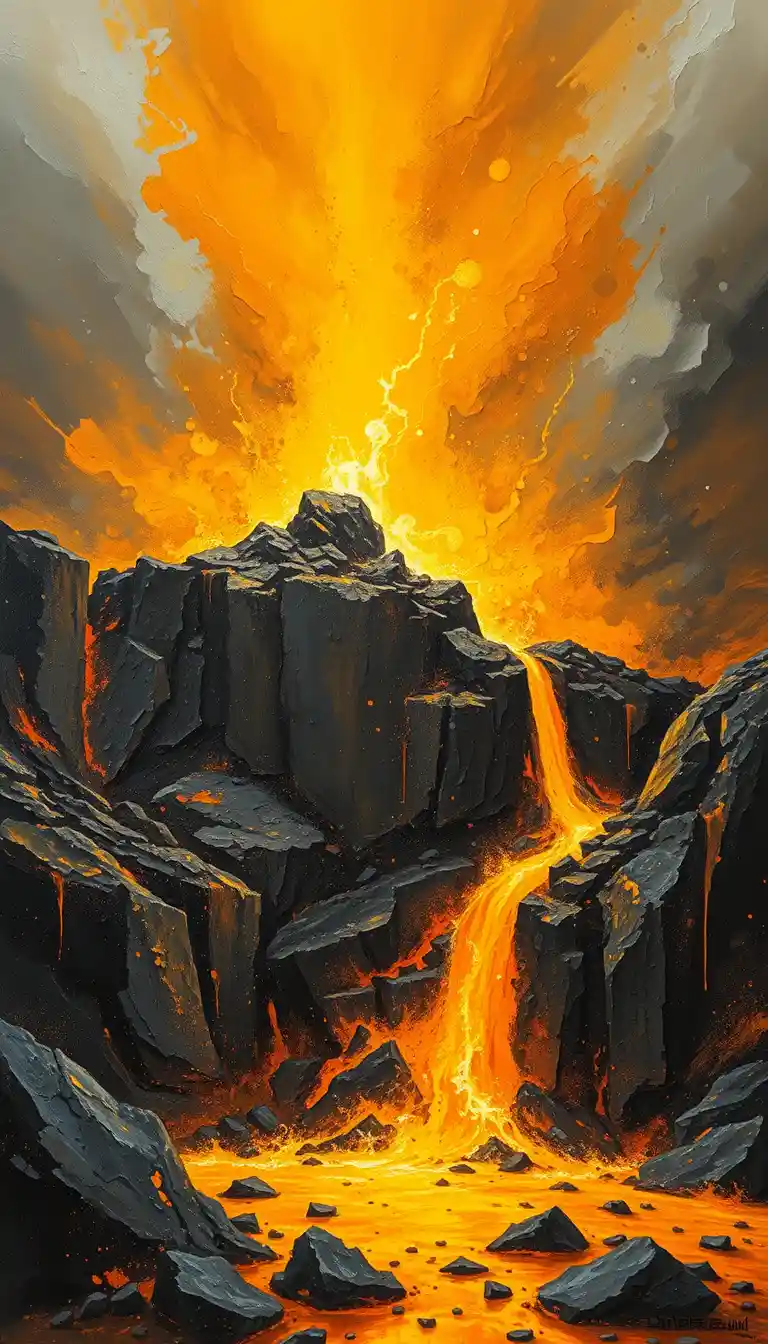 溶岩と炎を噴き上げるドラマチックな黄色い岩の火山