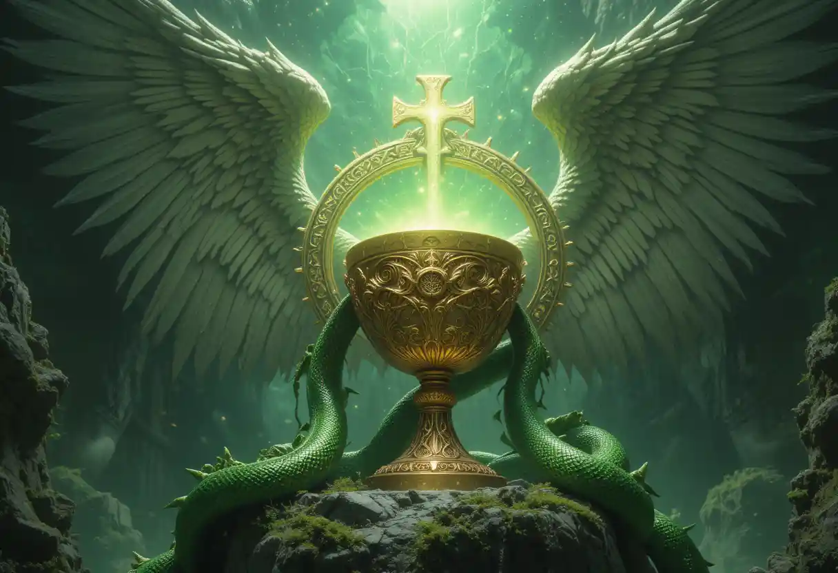 Close up of a mystical holy grail in green light