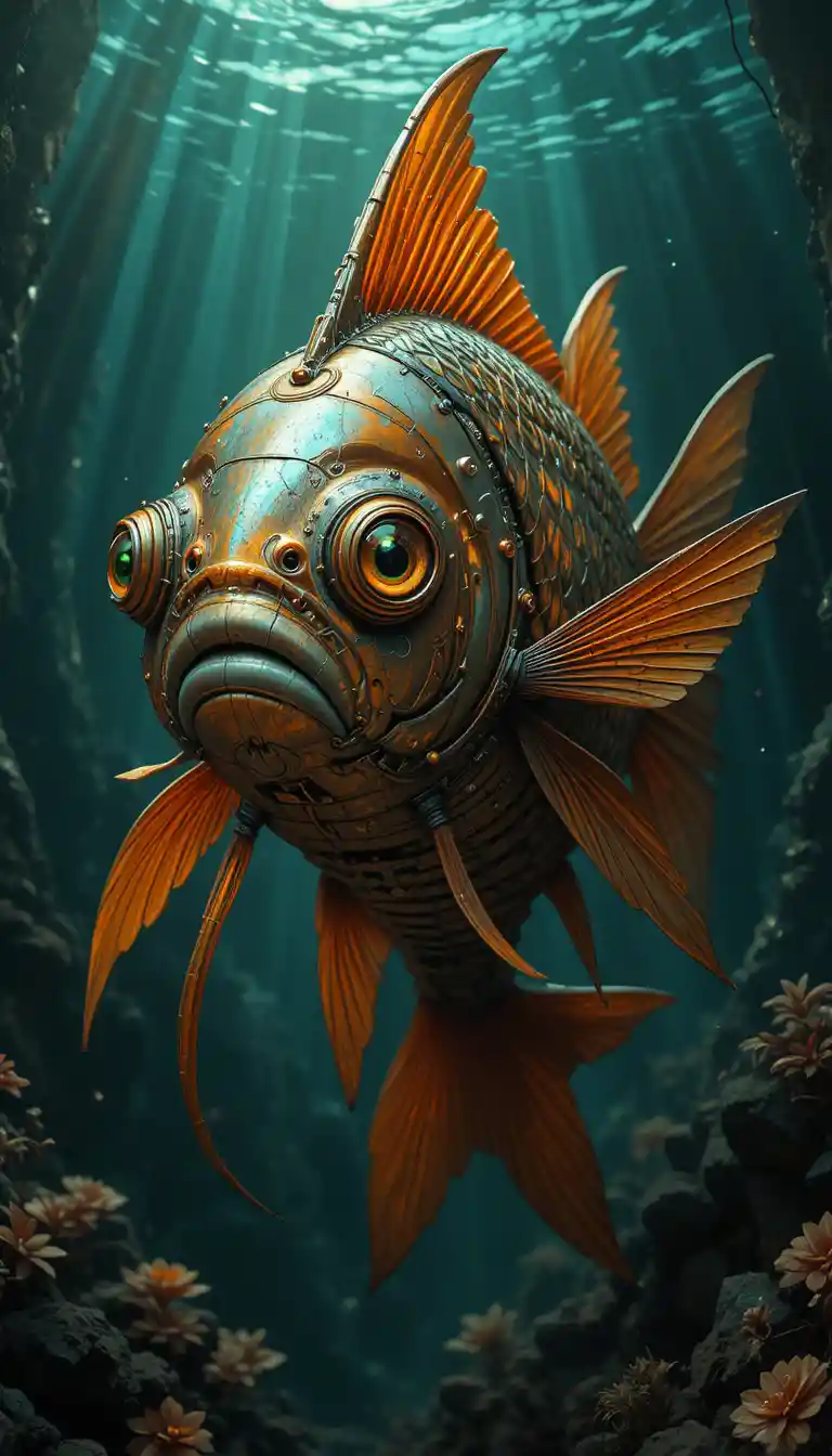 Surreal dark fantasy goldfish close up with glowing eyes