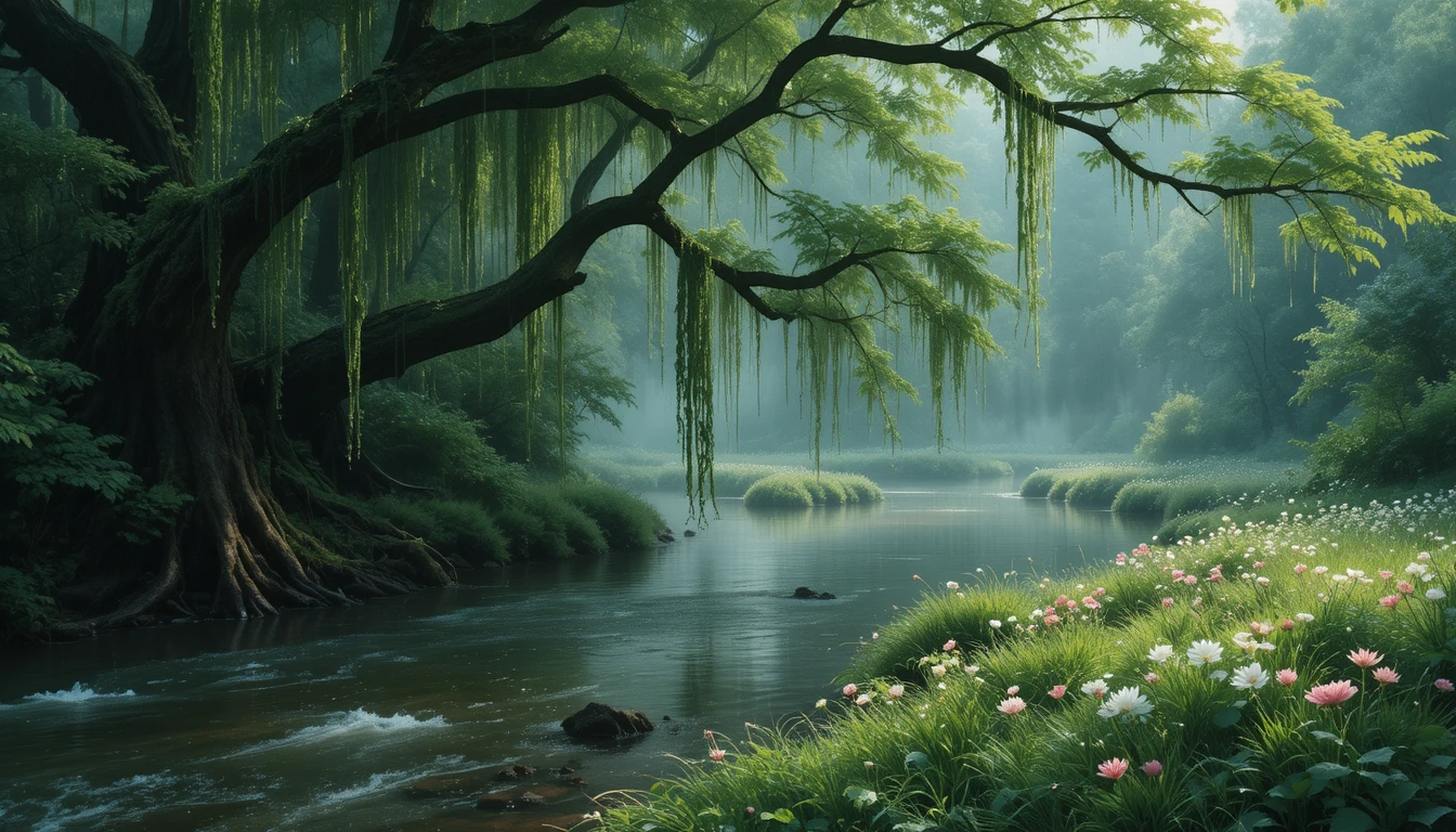 Misty forest river winding through lush green vegetation