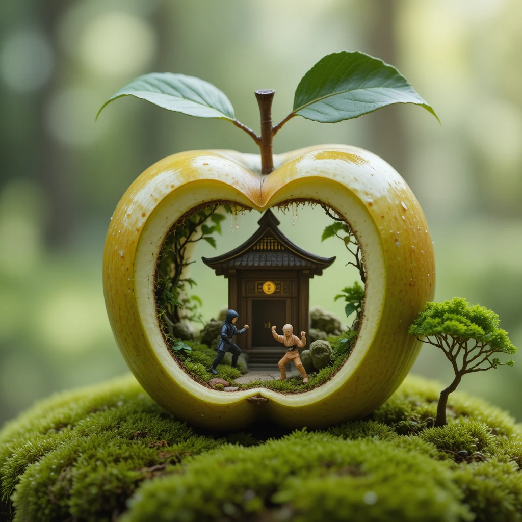 Pequenos guerreiros ninjas em um exuberante mundo de fantasia em miniatura dentro de uma maçã