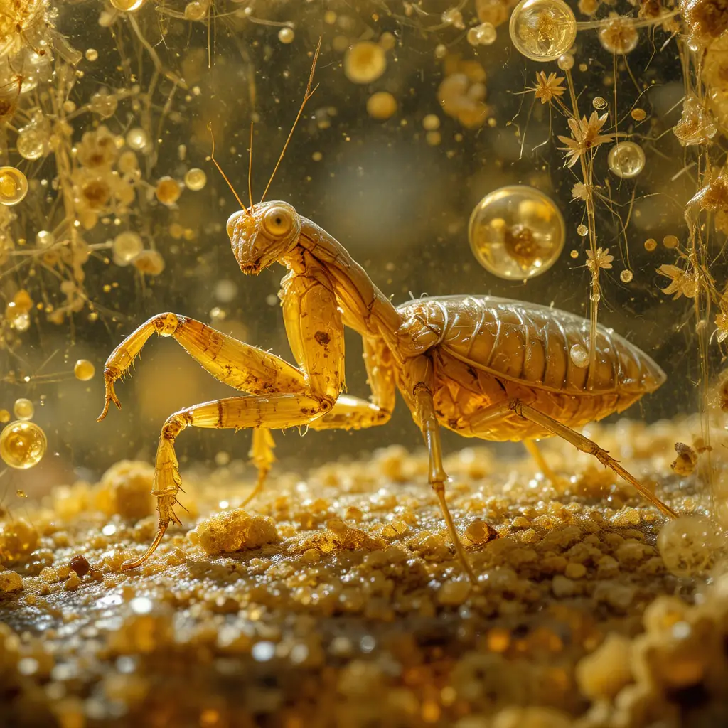 Praying mantis preserved in glowing amber close up