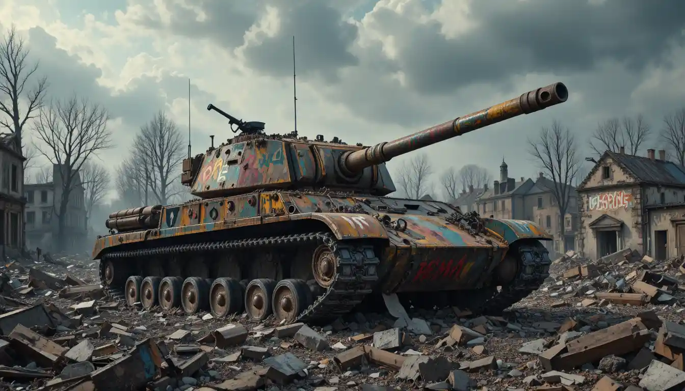 Carro armato militare arrugginito tra le rovine devastate della guerra urbana