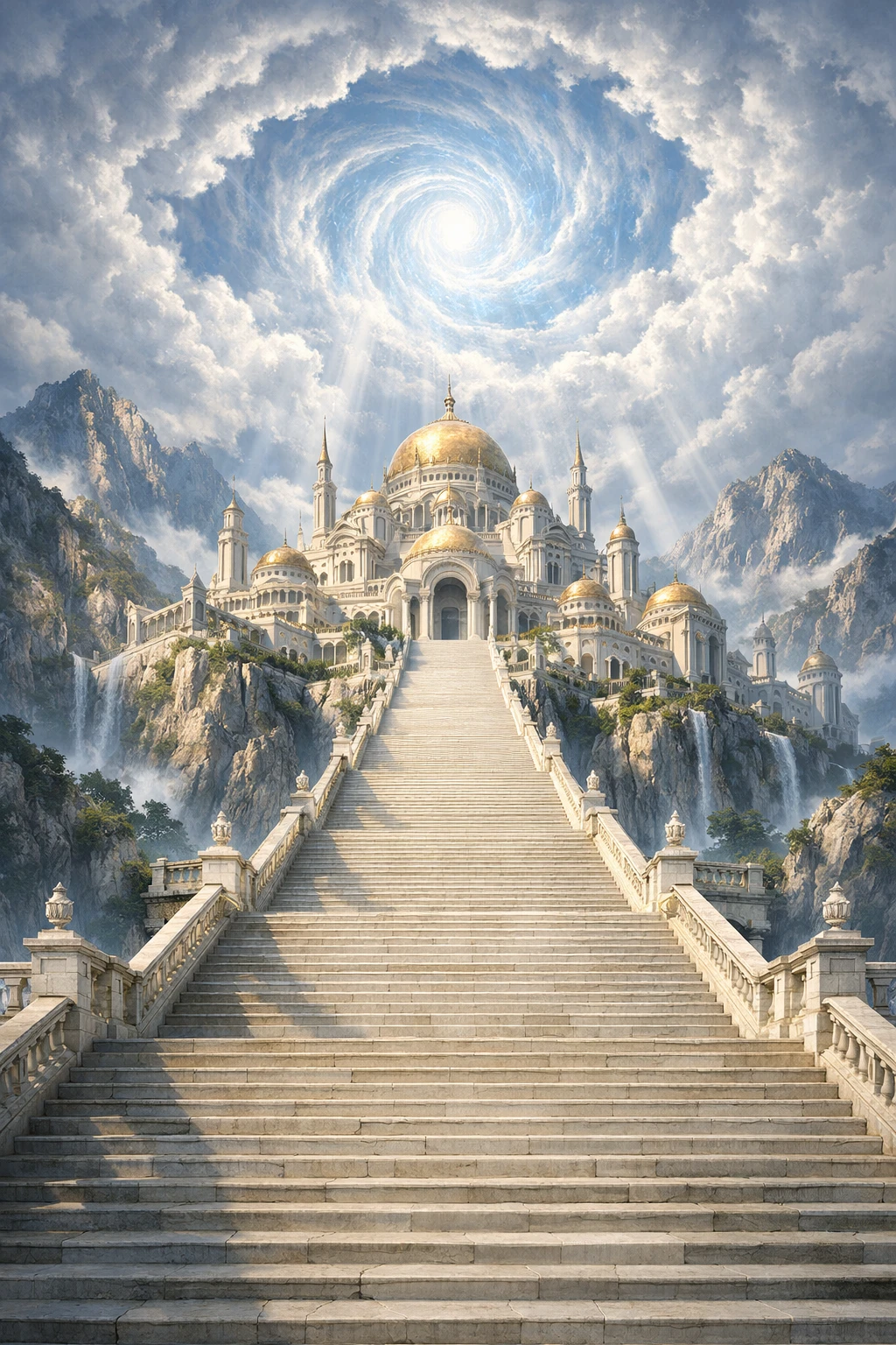 Celestial mountain temple city with grand marble staircase