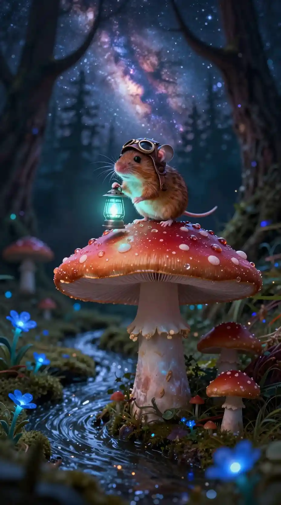 Tiny mouse explorer on glowing red mushroom at night