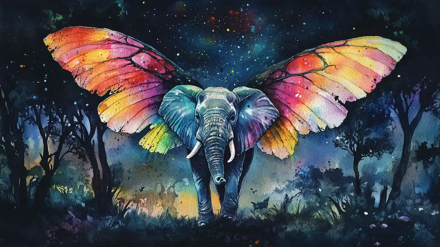 Elefante alado em uma floresta noturna onírica em aquarela