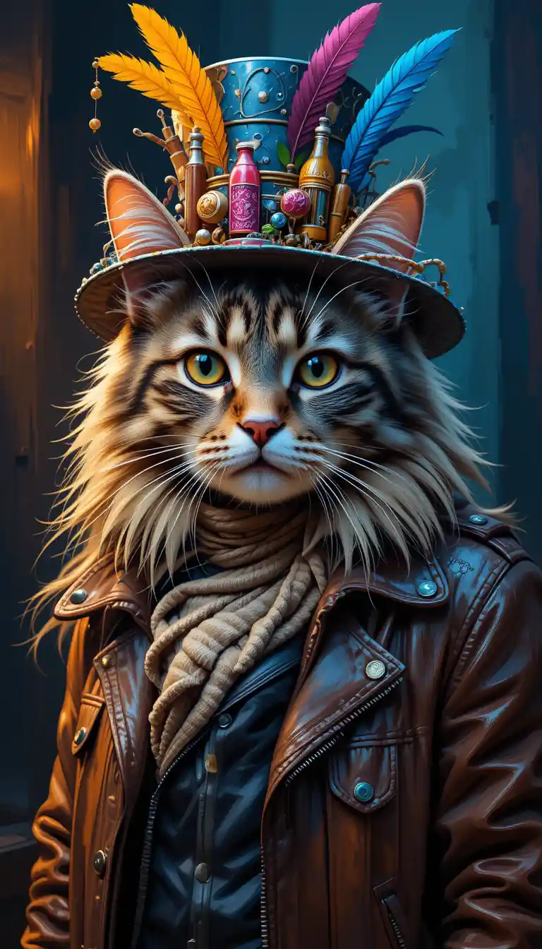Gatto a pelo lungo elegante con giacca e cappello colorato con piume