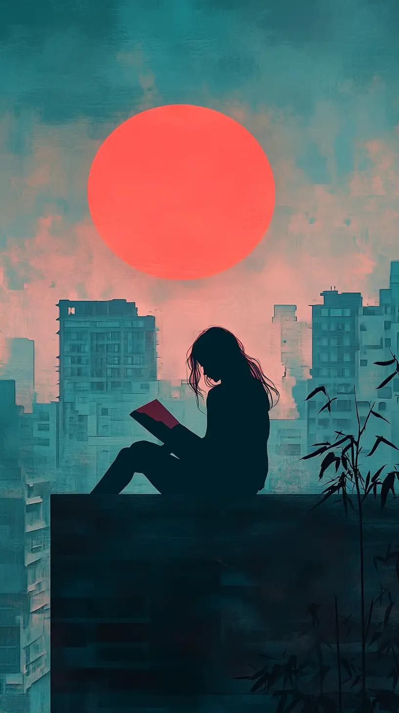 Anime girl reading on a rooftop at red sunset