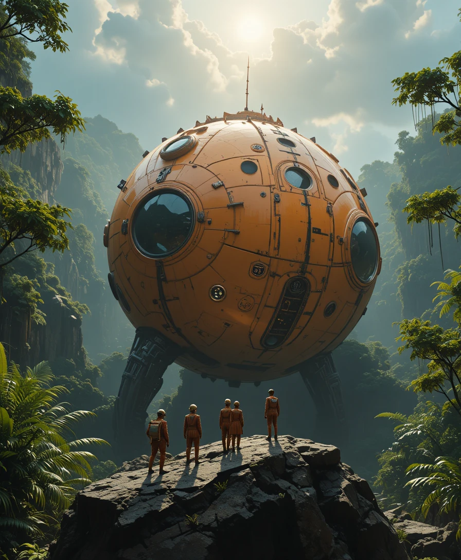 Kolossales Sci-Fi-Raumschiff in üppiger Amazonasdschungel-Schlucht