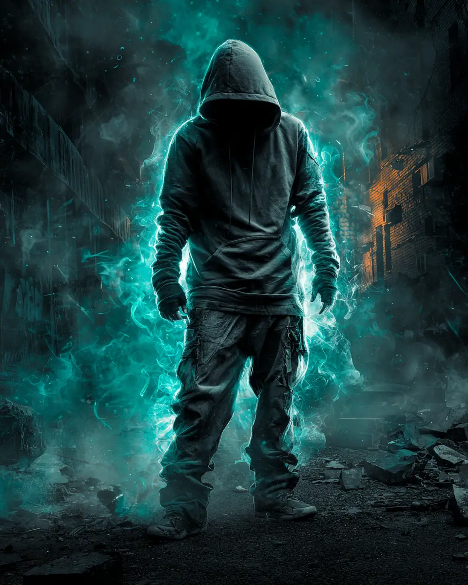 Lone hooded figure on a dark neon lit city street