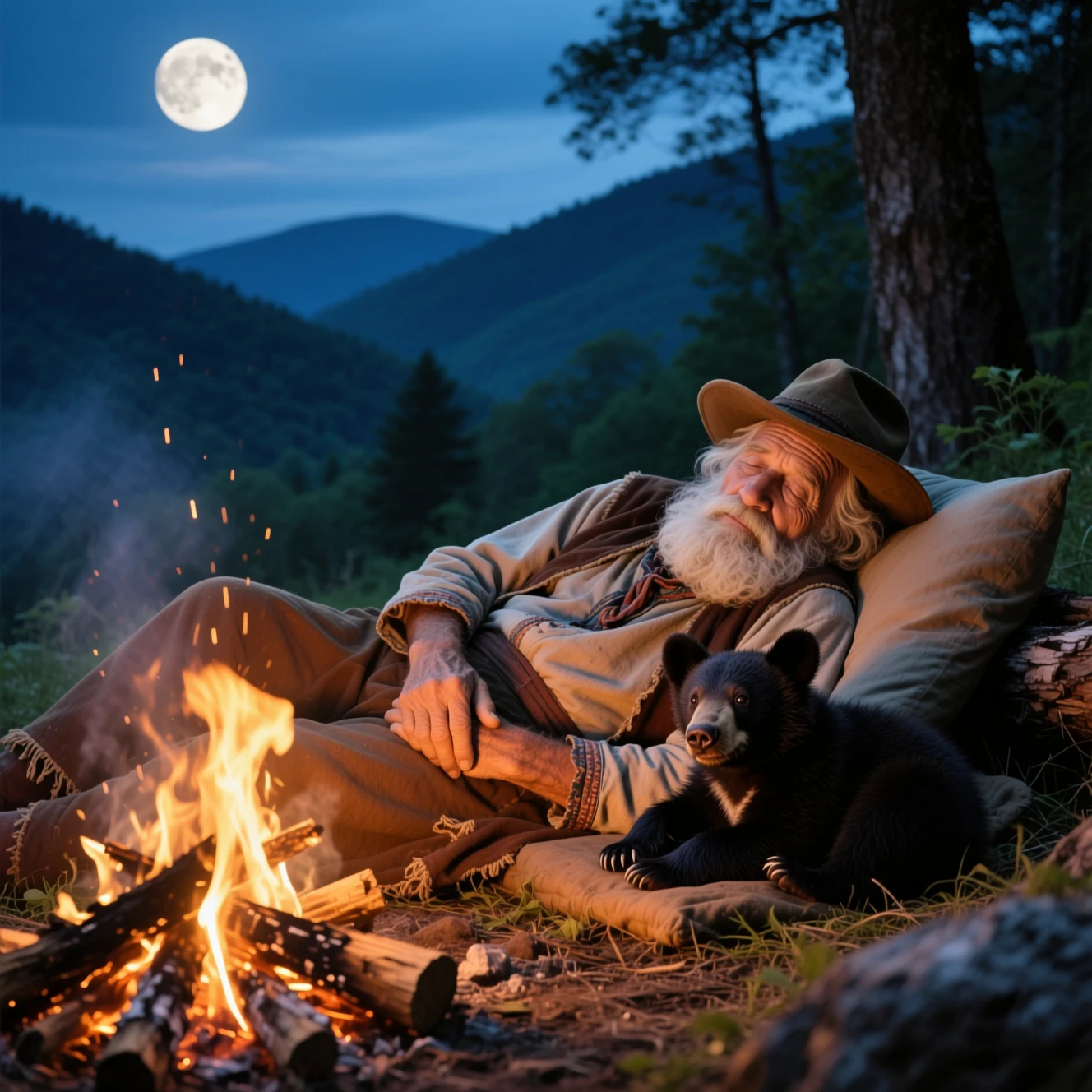 Anciano durmiendo junto a la fogata con un osezno por la noche