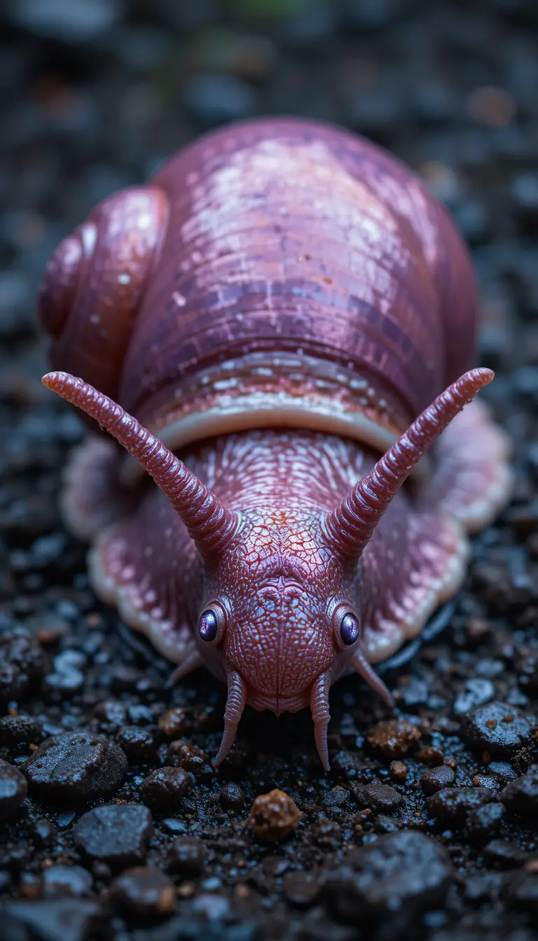 Caracol rosa metálico con grandes ojos morados sobre grava mojada