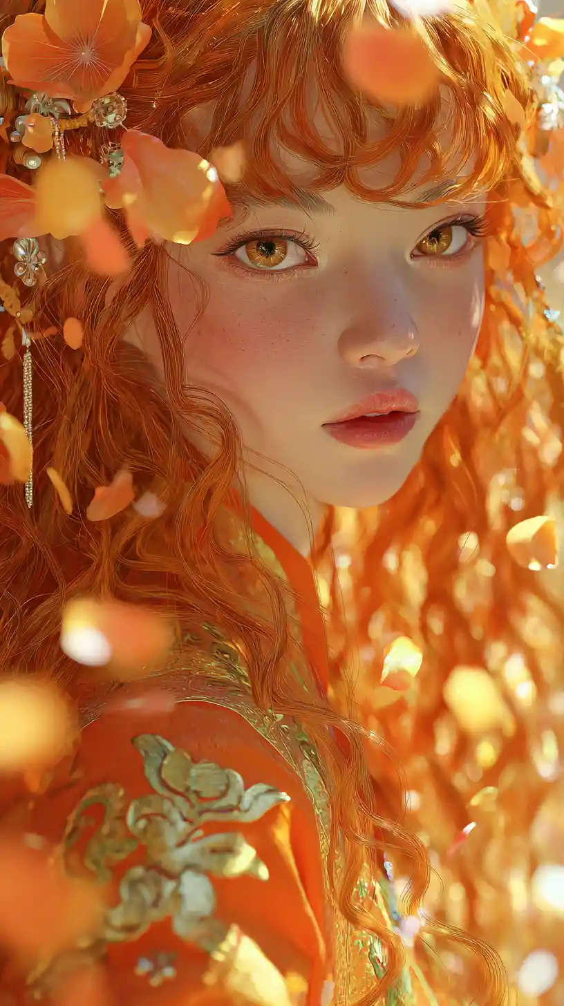 Young asian woman in ornate orange hanfu portrait