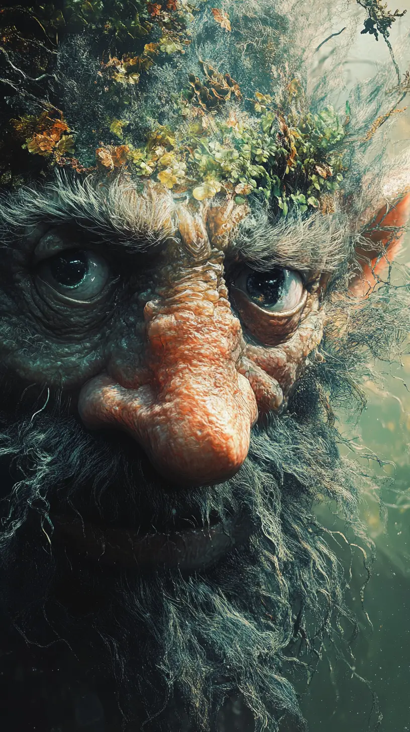 Surreal oil portrait of a troll in a dreamlike realm